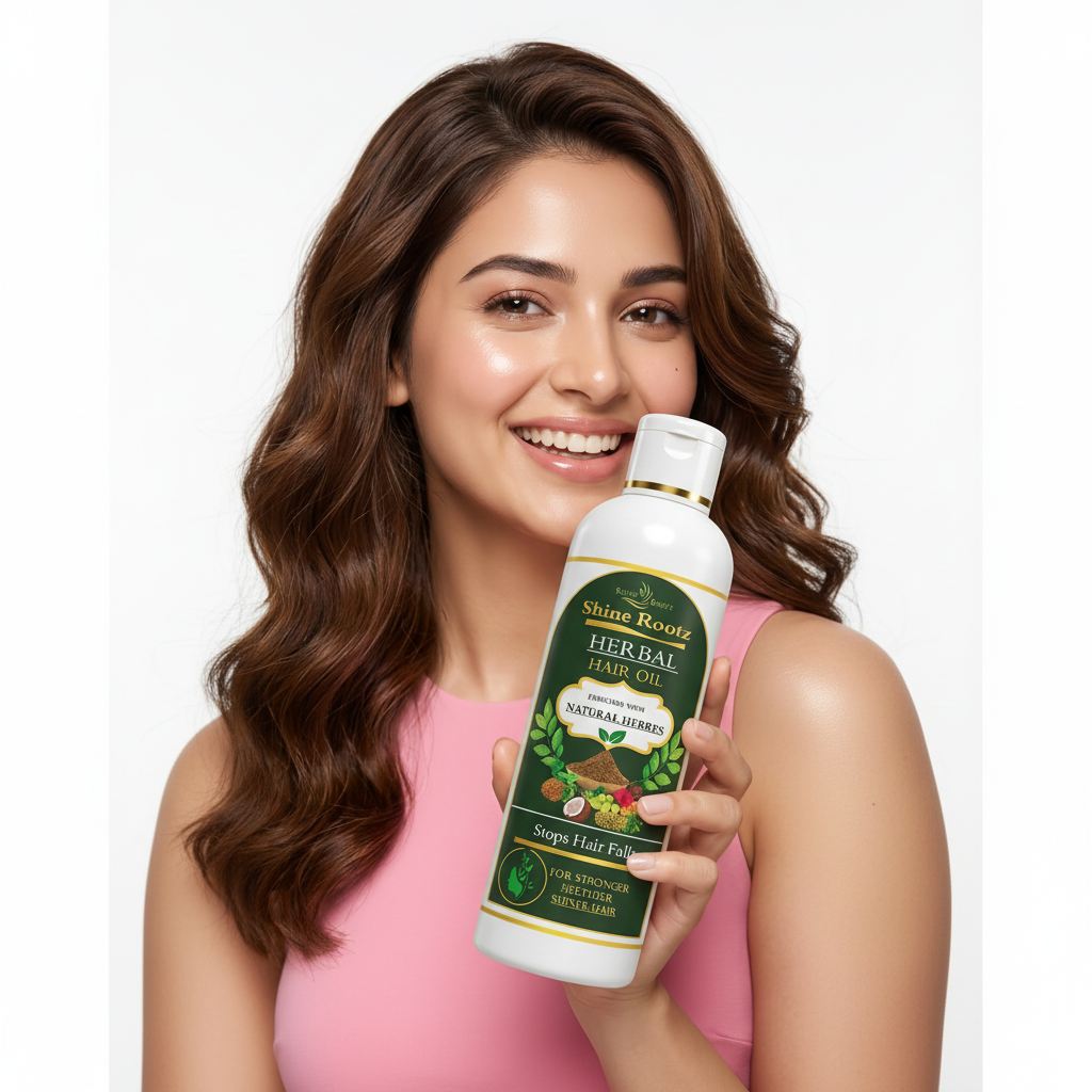 Woman holding a bottle of Shahnaz Husain Herbal Deep Nourishing Shampoo with a neutral background