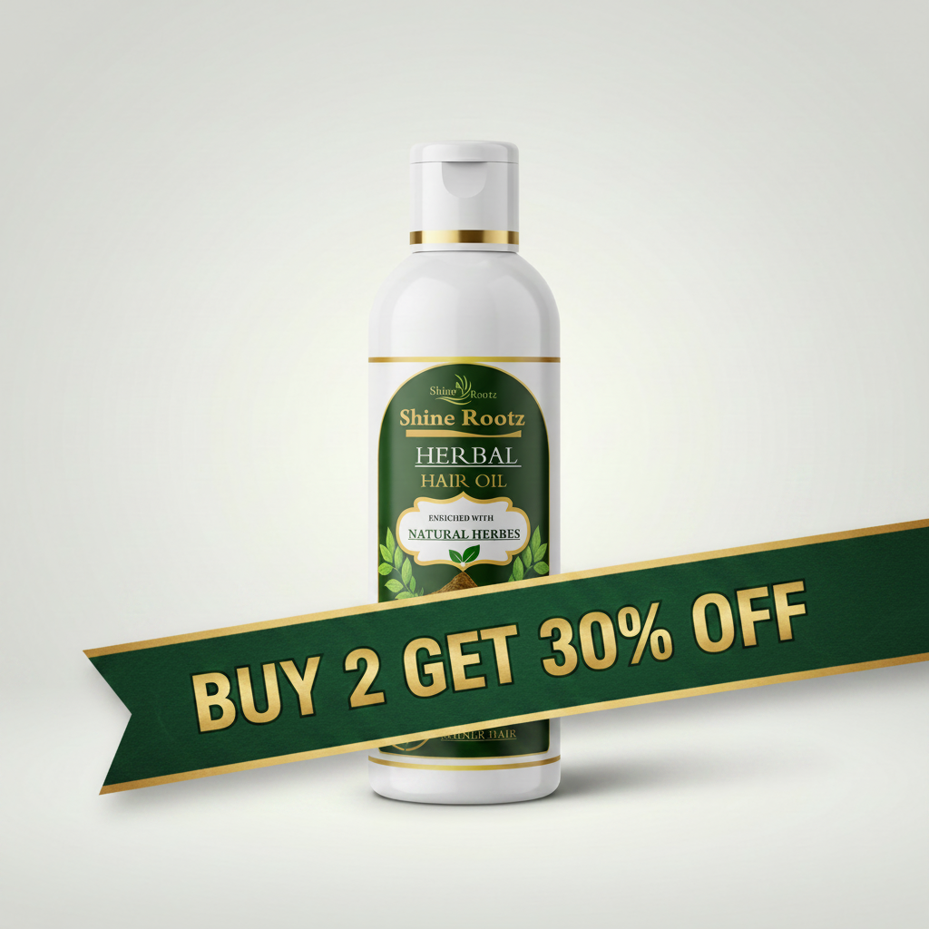 Shine Rootz Herbal Hair Oil bottle with a promotional banner on a light gray background