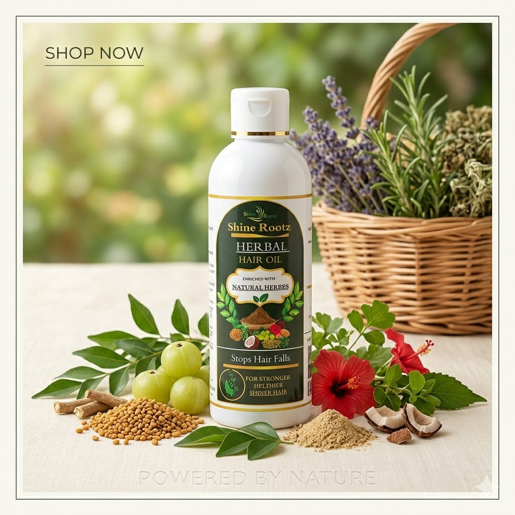 Shine Rootz Herbal Hair Oil bottle with natural ingredients on a table, surrounded by plants and flowers.