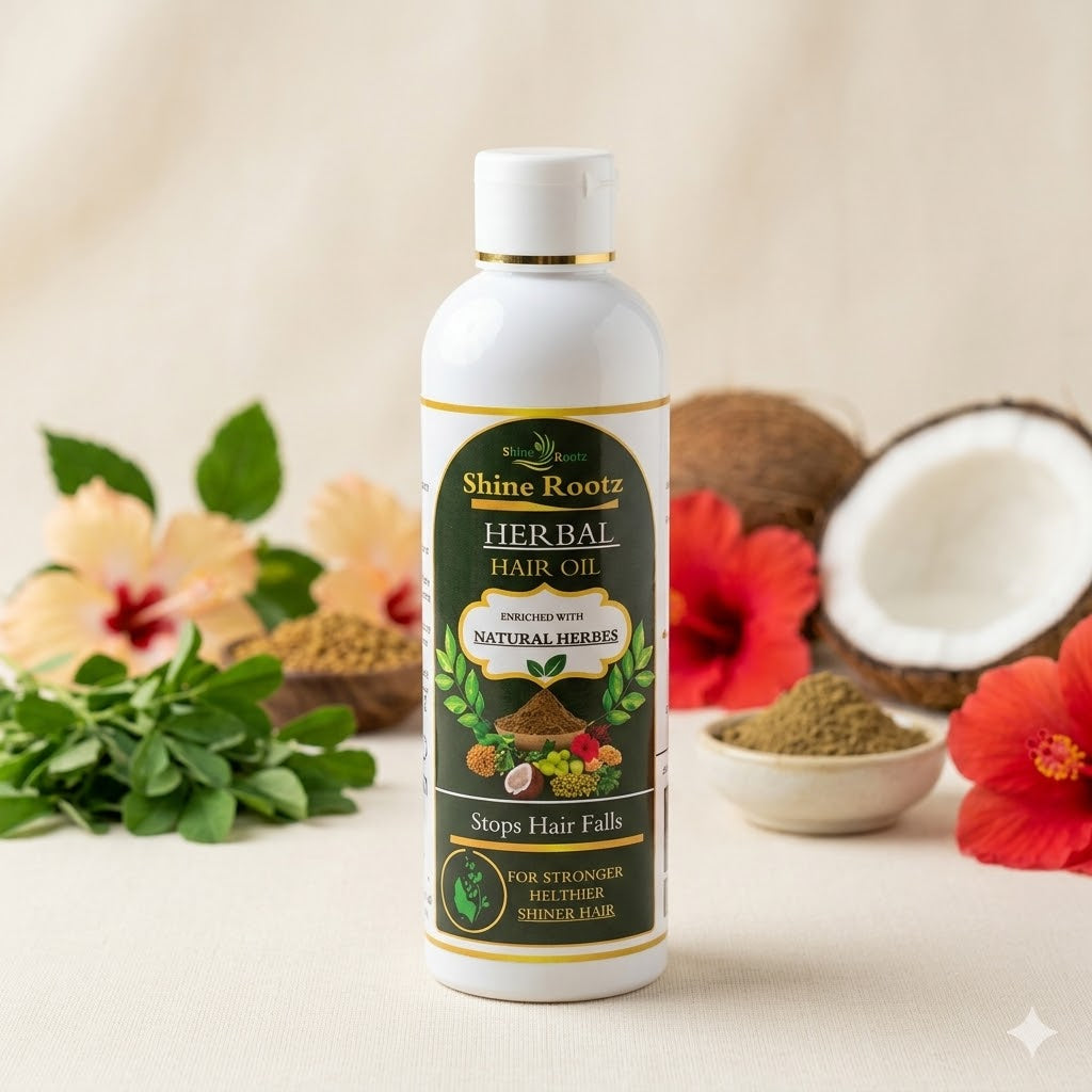 Shine Rootz Herbal Hair Oil bottle with natural ingredients and flowers on a light background