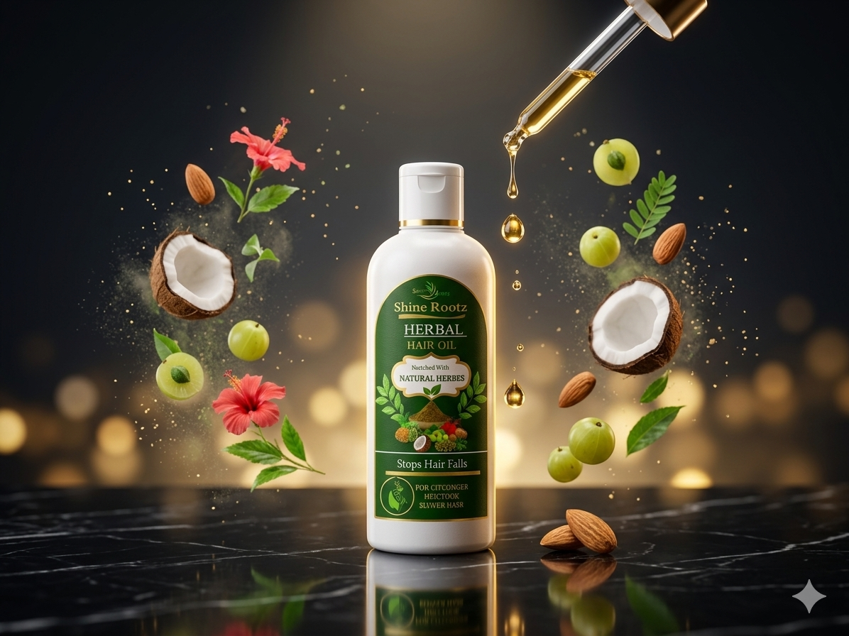 Shine Rootz Herbal Hair Oil bottle with coconut, flowers, and dropper on a dark background