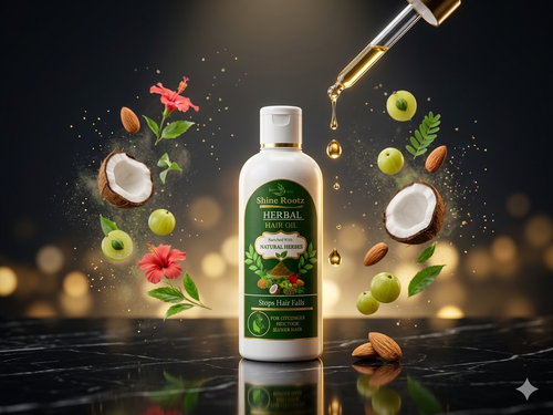 Shine Rootz Herbal Hair Oil bottle with coconut, flowers, and dropper on a dark background