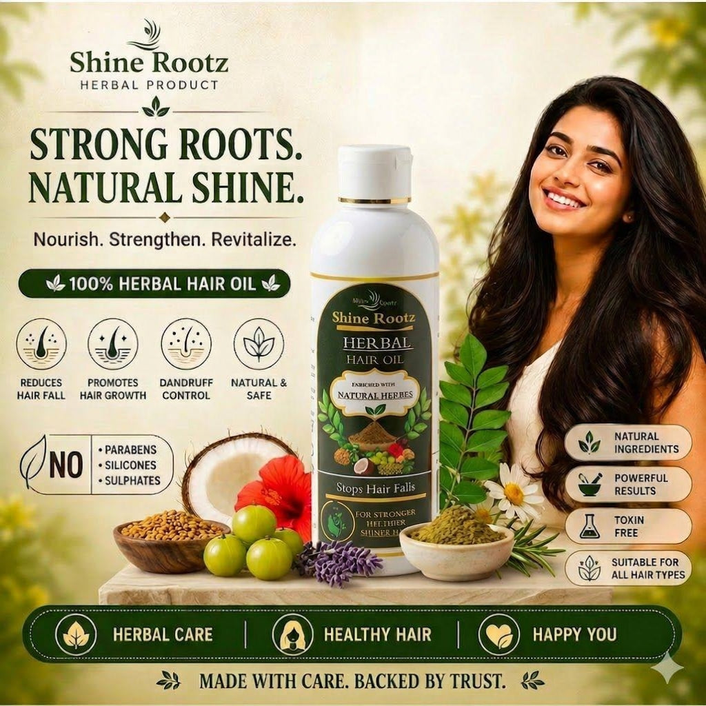 A bottle of Shine Rootz Herbal Hair Oil is shown in a promotional ad layout with a smiling woman, decorative herbs, fruit, and text callouts about herbal care and healthy hair on a light beige background.