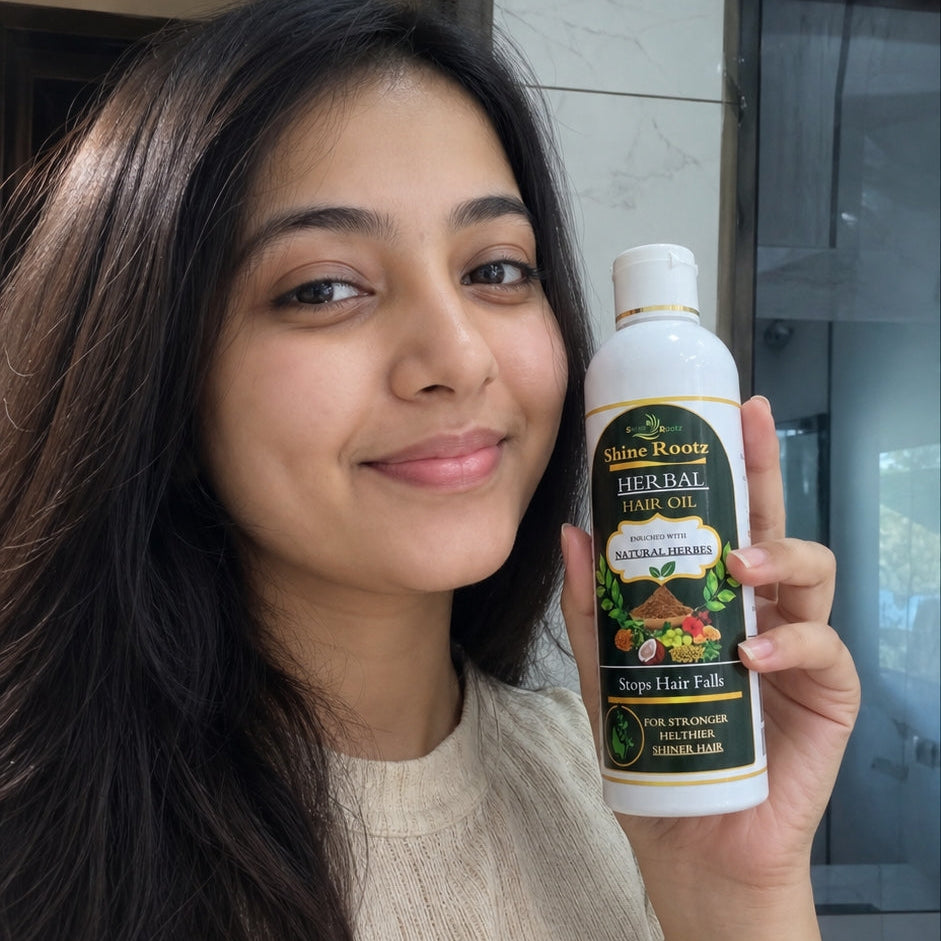 Woman holding a bottle of herbal hair product with text about stopping hair fall.