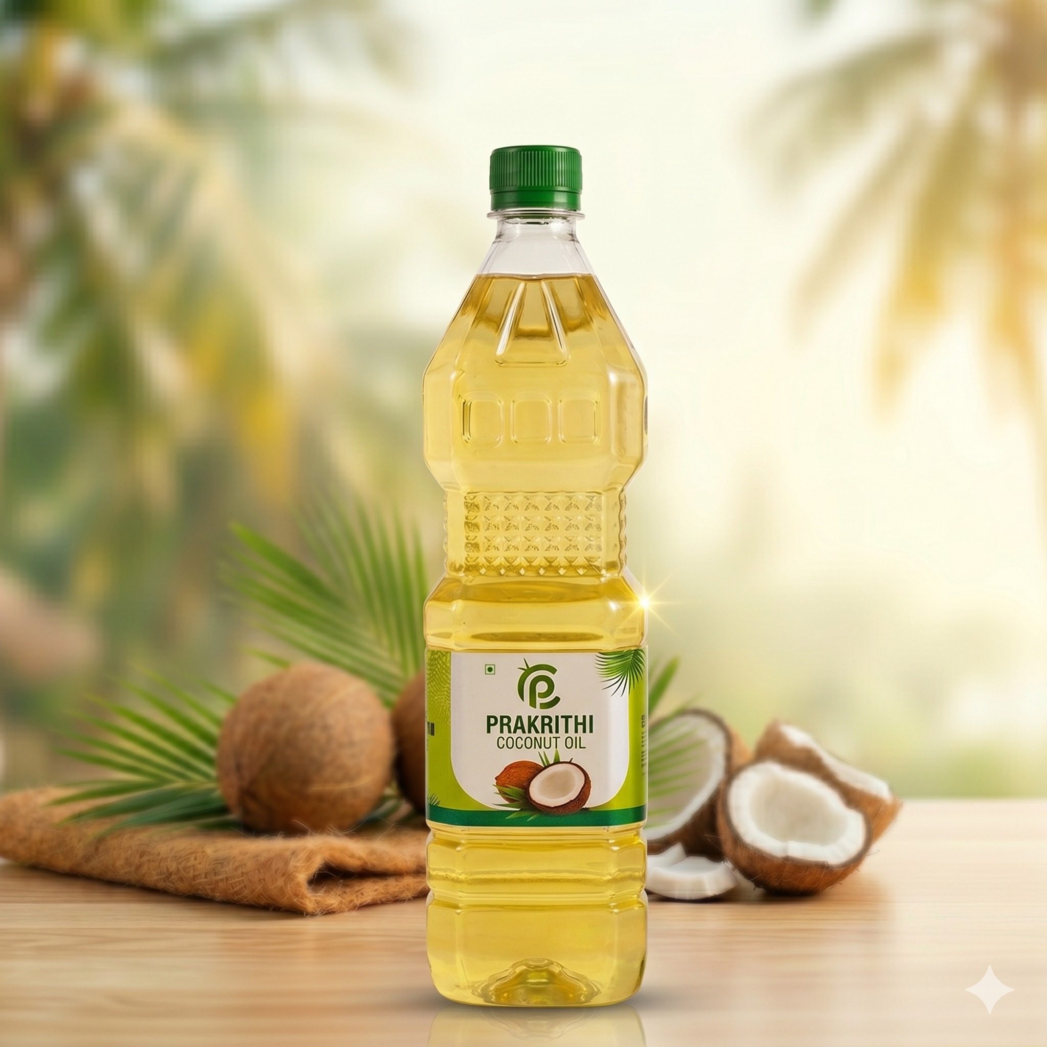 Bottle of Prakrithi coconut oil with coconuts and palm leaves in the background