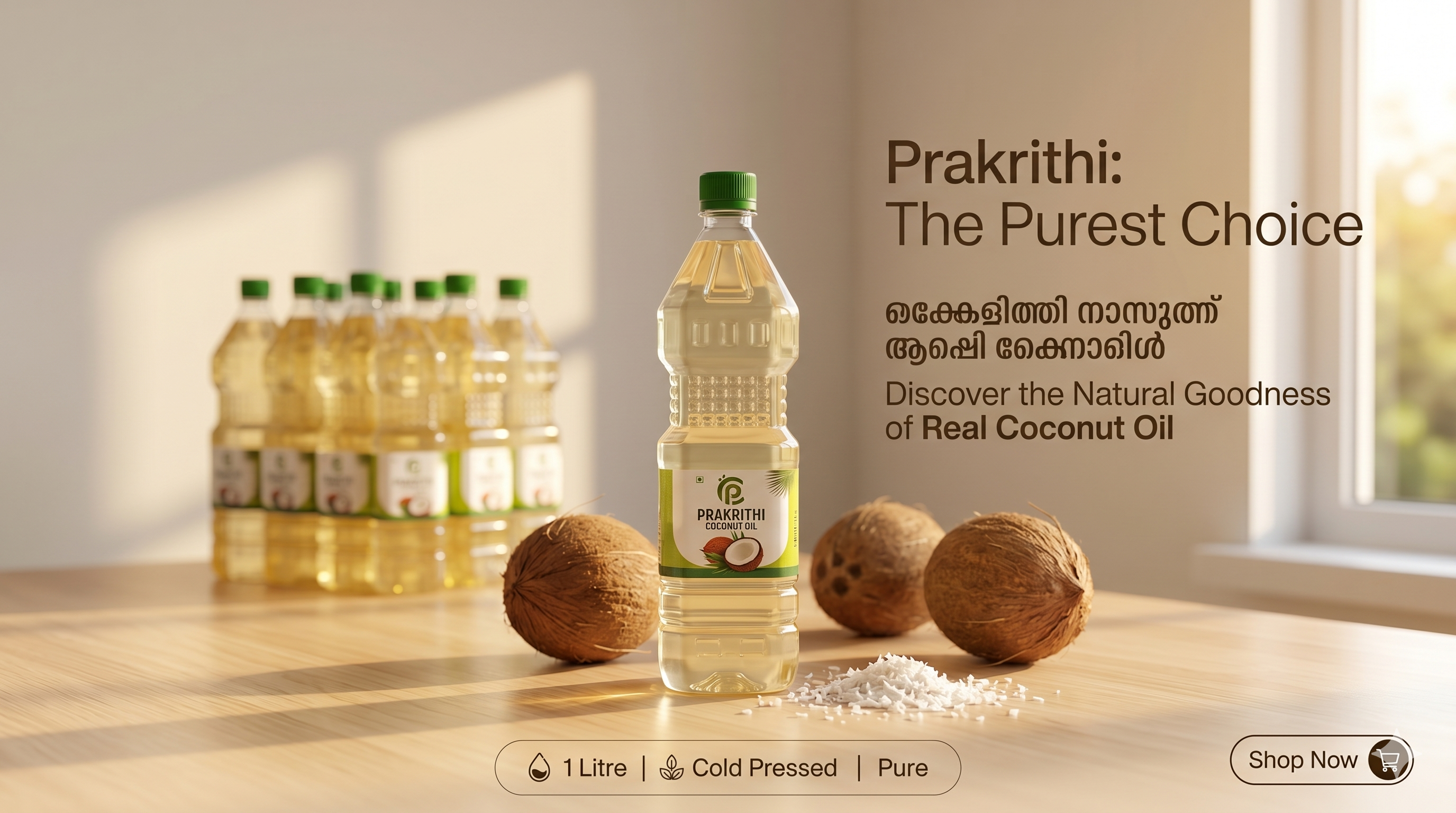 Prakrithi coconut oil bottles with coconuts on a wooden surface, promotional text, and 'Shop Now' button.