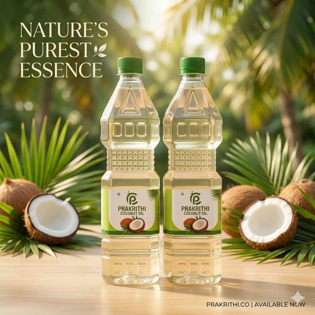 Two bottles of Prakrithi coconut oil with coconuts and palm leaves in the background, labeled 'Nature's Purest Essence'.