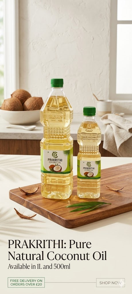 Two bottles of PRAKITHI Pure Natural Coconut Oil on a wooden cutting board with coconuts in the background.