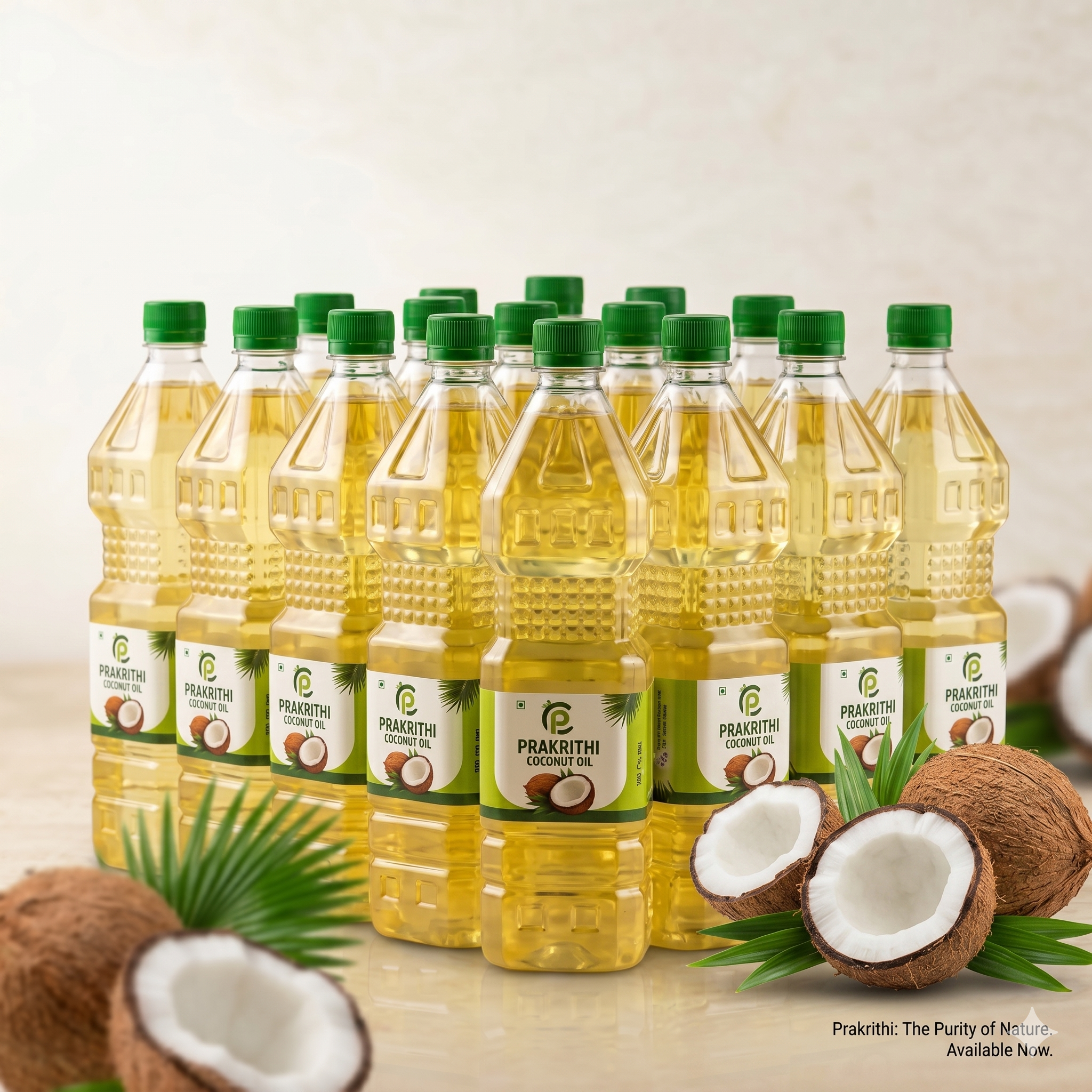 Multiple bottles of Prakrithi coconut oil with coconuts and leaves on a light background