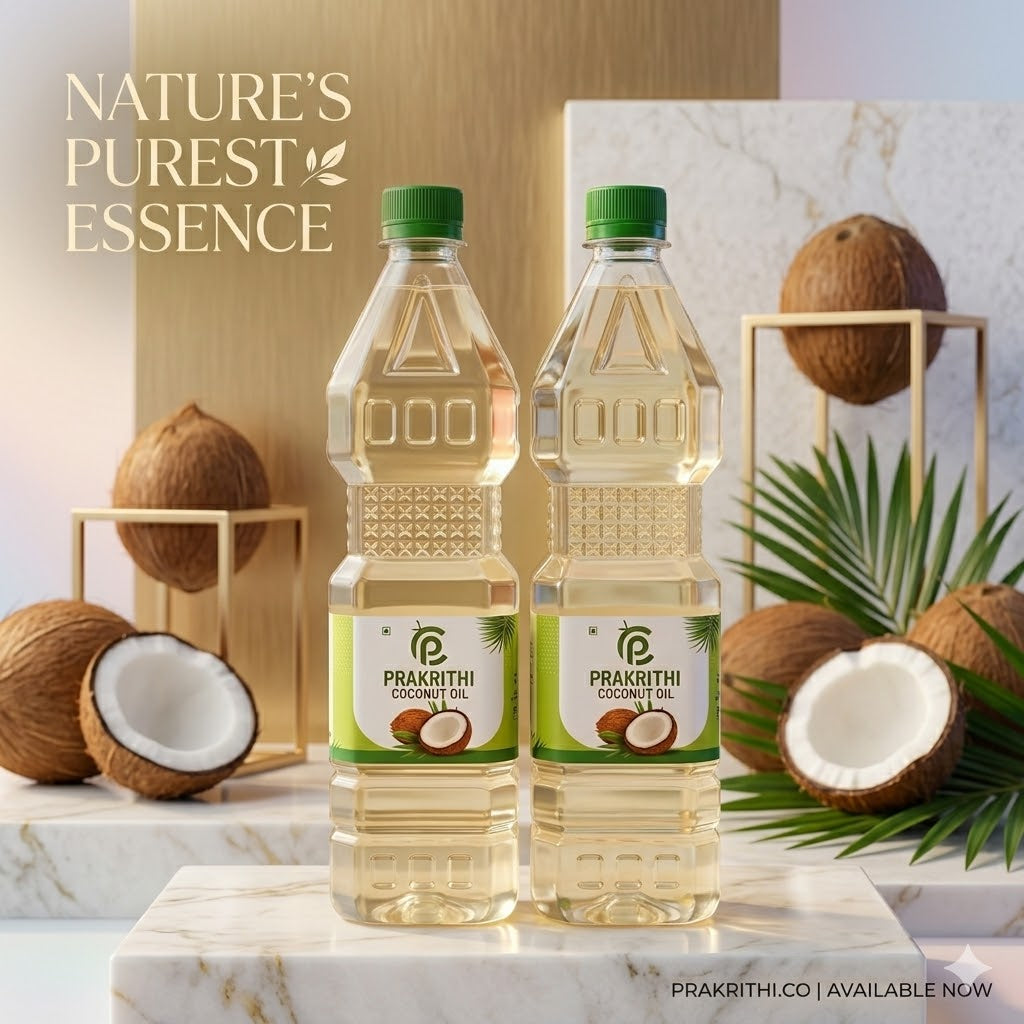 Two bottles of Prakrithi Coconut Oil with coconuts and palm leaves on a marble surface.