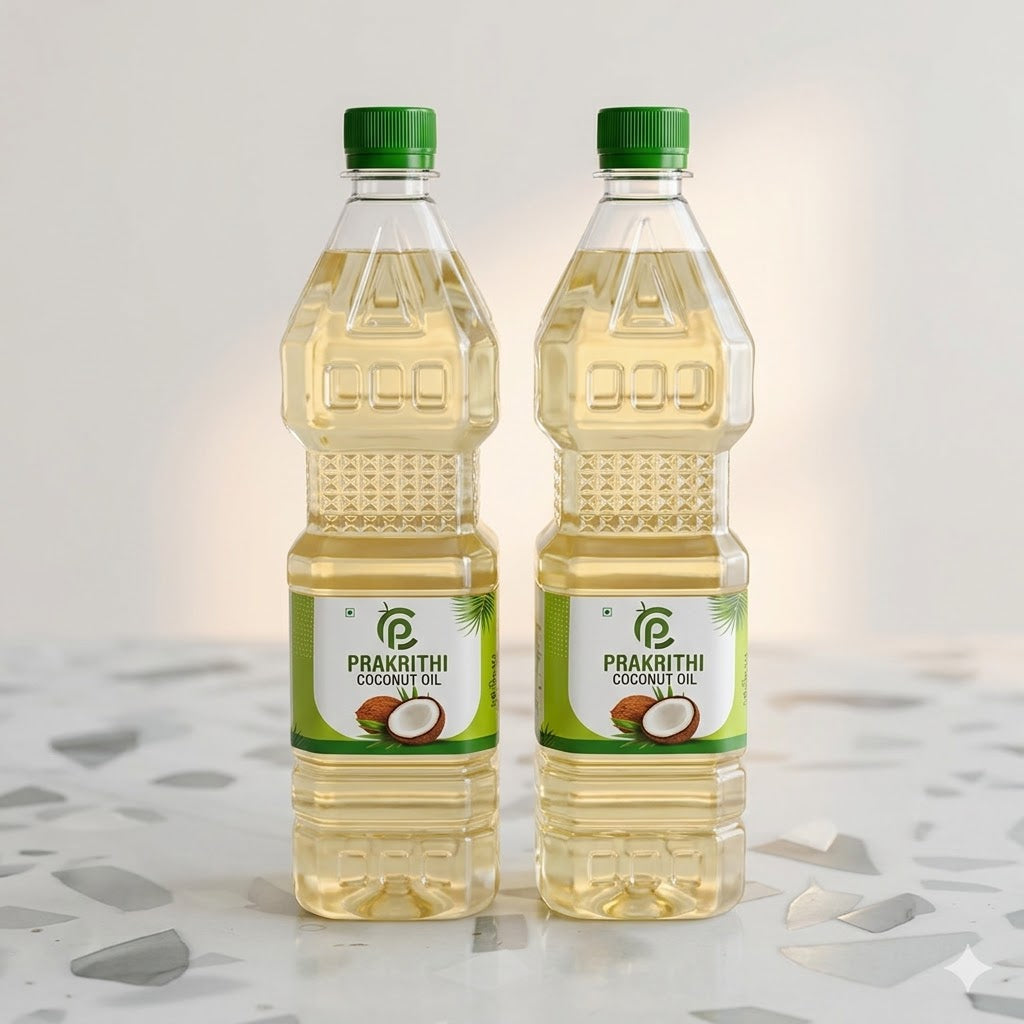 Two bottles of Prakrithi coconut oil on a light background