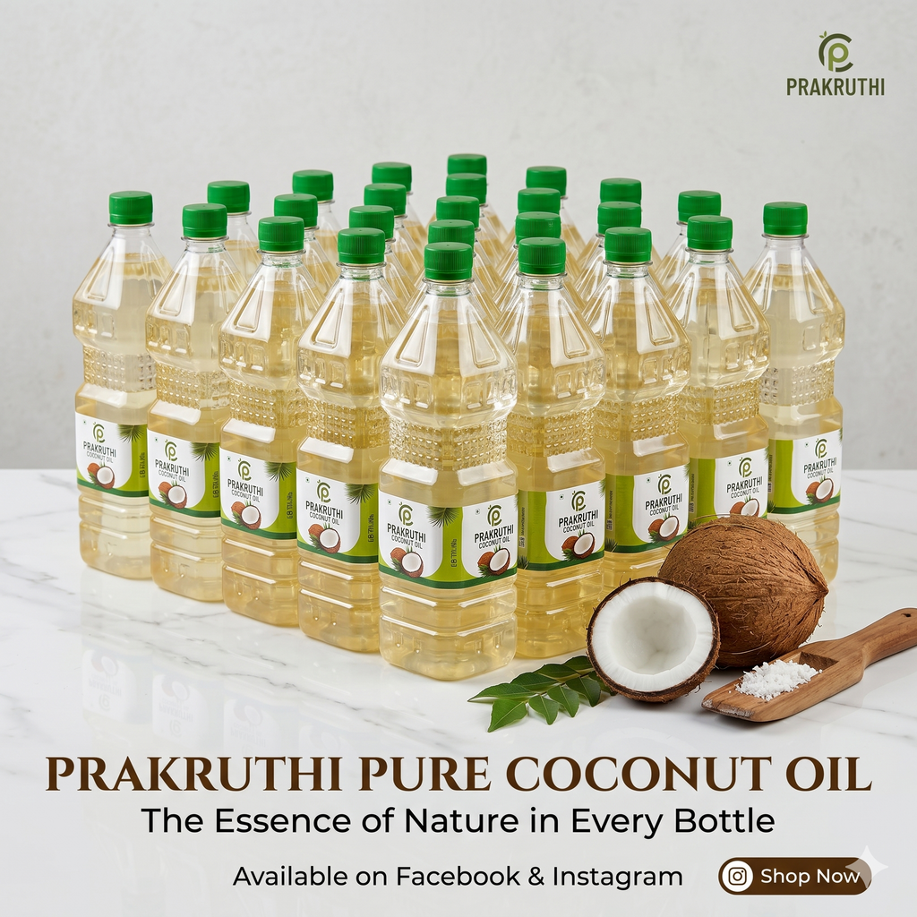 Multiple bottles of Prakruthi Pure Coconut Oil with a coconut and spoon on a light background.