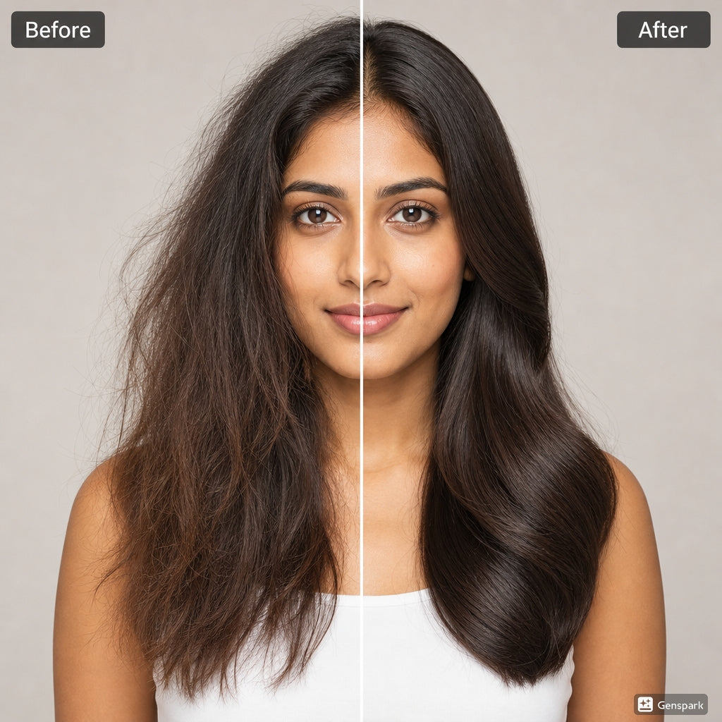 Before and after comparison of a woman's hair with Gemspark logo.