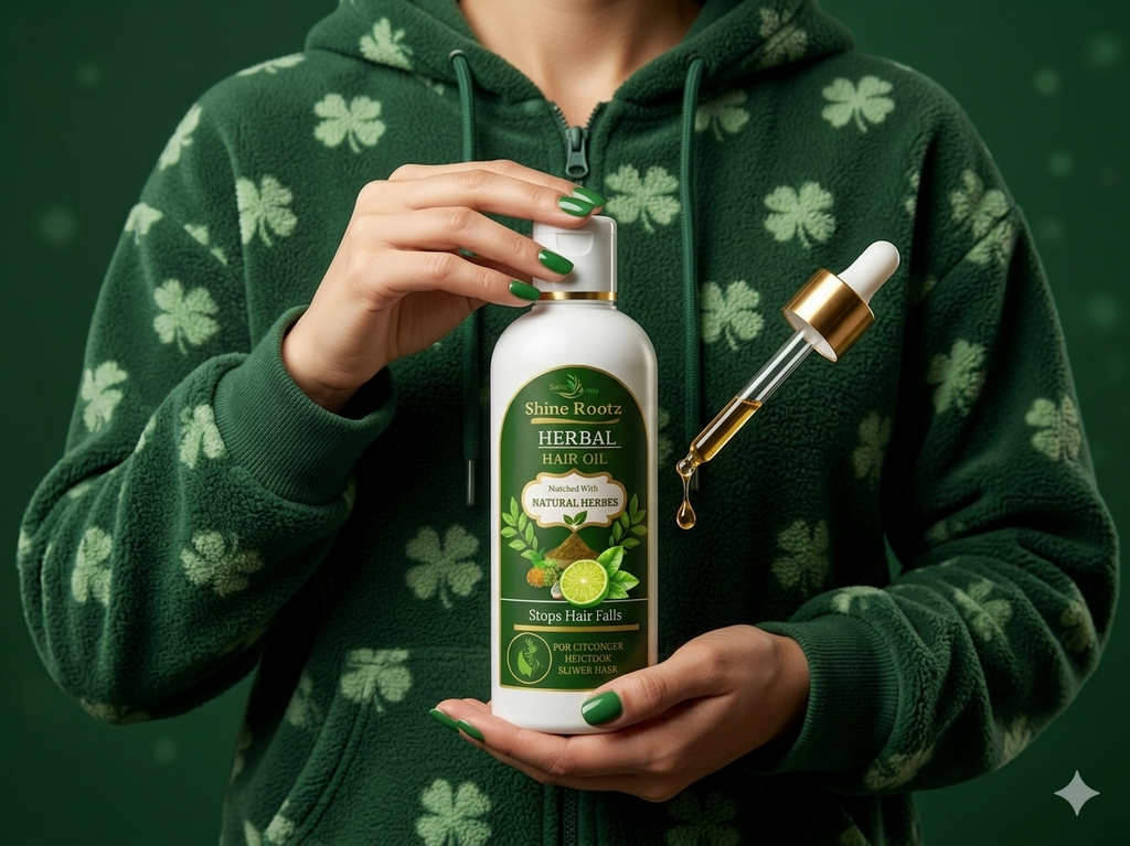 Person holding a bottle of 'Shine Rootz Herbal Hair Oil' with a dropper against a green background.