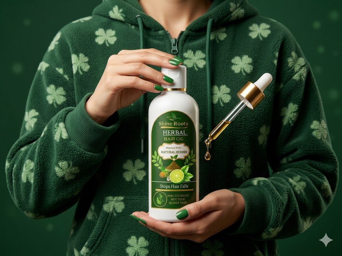 Person holding a bottle of 'Shine Rootz Herbal Hair Oil' with a dropper against a green background.