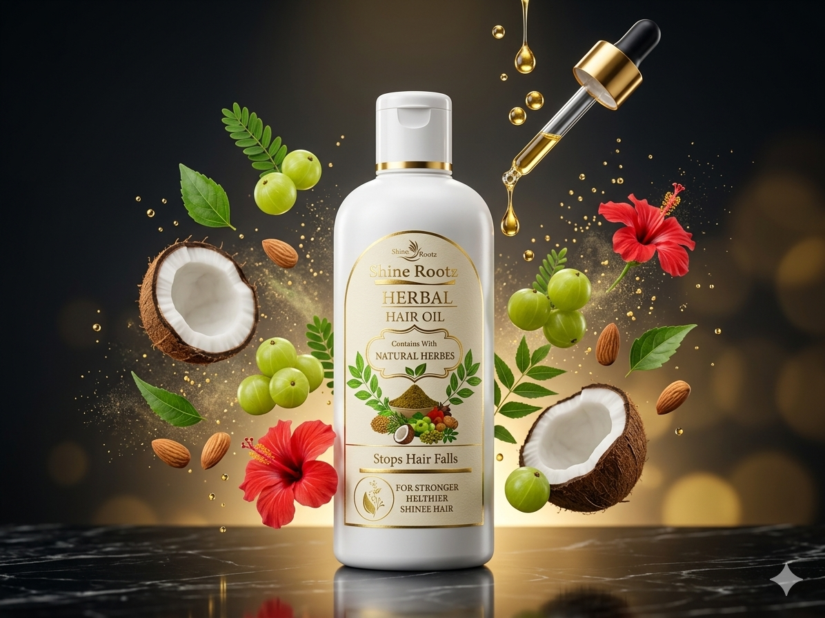 Herbal hair oil bottle with natural ingredients on a dark background