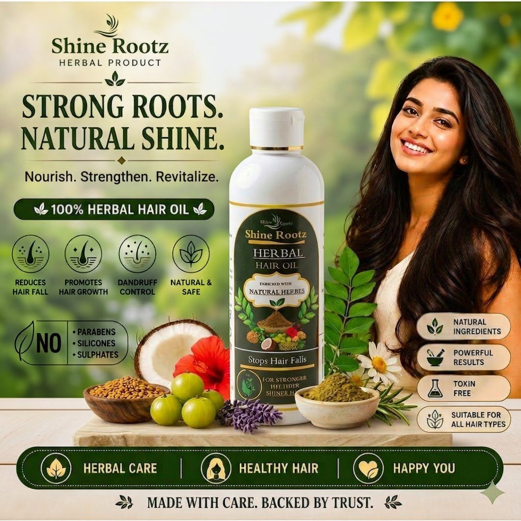 A bottle of Shine Rootz Herbal Hair Oil is shown on a promotional graphic with a smiling woman, green foliage, and ingredients like a coconut, grapes, and herbs. The ad includes text highlighting herbal hair oil benefits and features.