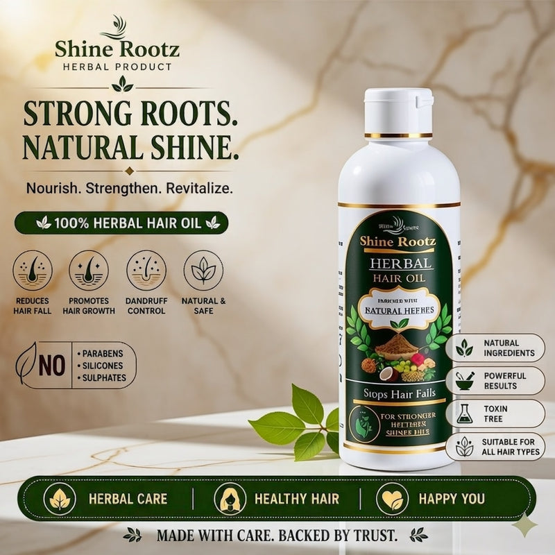 Shine Rootz Herbal Product Strong Roots Natural Shine Herbal Hair Oil bottle on a beige marble-textured background with promotional text and icons.