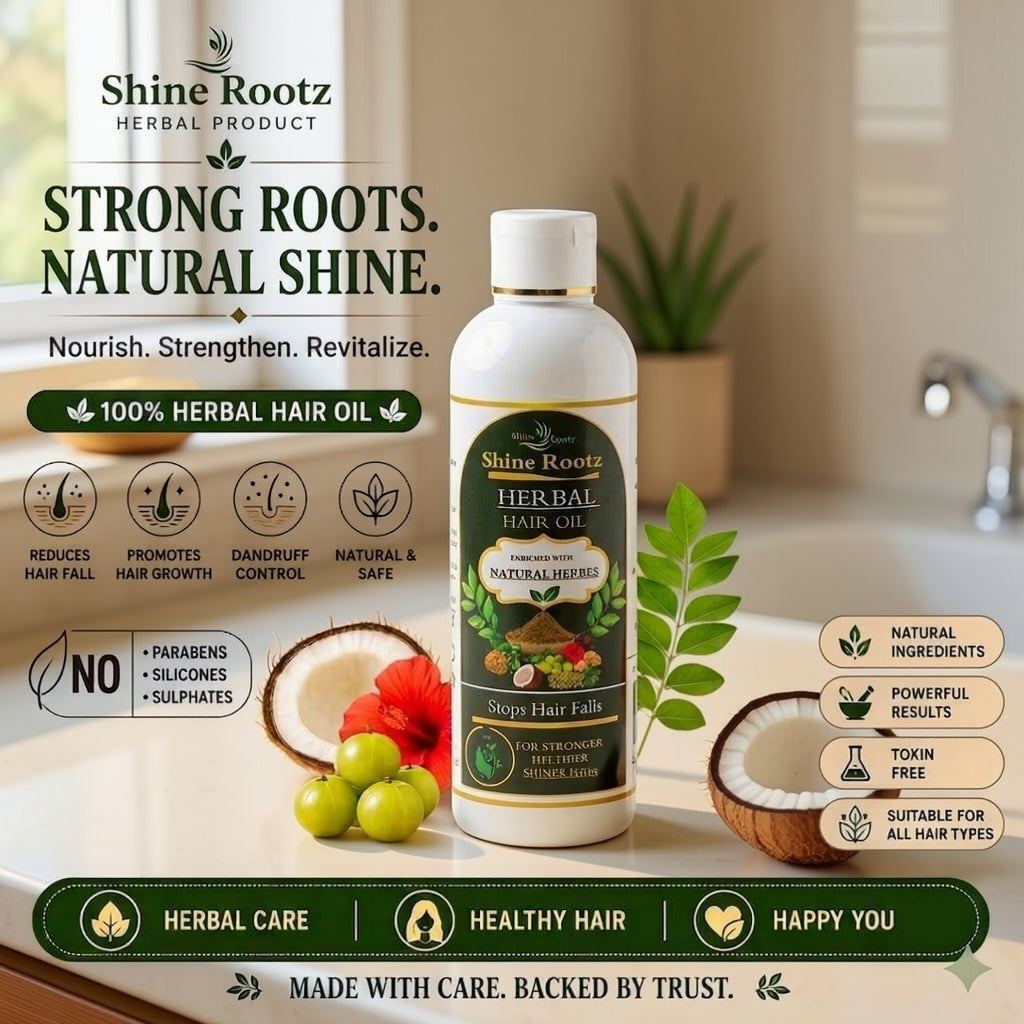 A bottle of Shine Rootz Herbal Hair Oil is displayed on a kitchen counter with decorative props like a coconut, green grapes, and a plant, surrounded by promotional text overlays detailing its benefits.