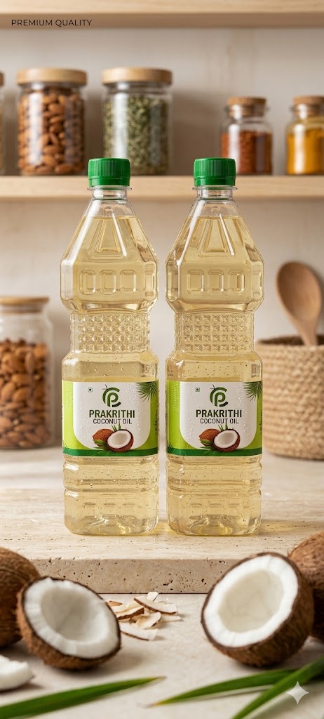 Two bottles of Prakriti coconut oil on a wooden surface with coconuts and jars in the background.