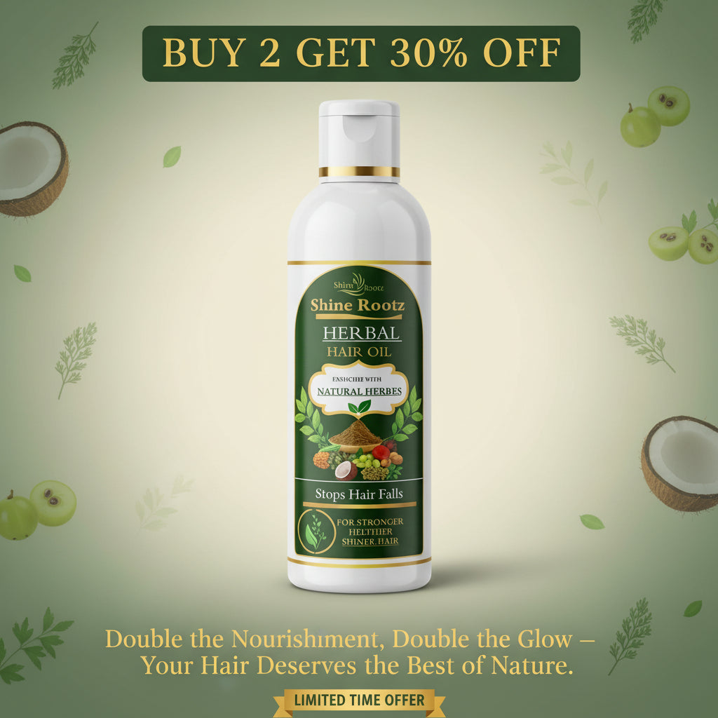 Bottle of Shine Rootz Herbal Hair Oil on a white background