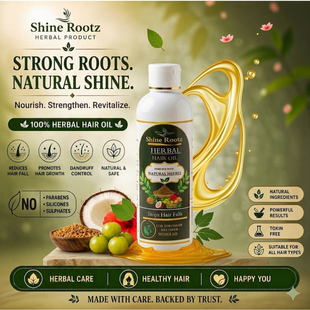 A bottle of Shine Rootz Herbal Hair Oil is shown in a promotional graphic with a golden liquid splash, green leaves, and fruit. The background is a soft green gradient with text highlighting benefits like hair fall reduction and natural shine.