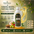 A bottle of Shine Rootz Herbal Hair Oil is shown in a promotional graphic with a golden liquid splash, green leaves, and fruit. The background is a soft green gradient with text highlighting benefits like hair fall reduction and natural shine.