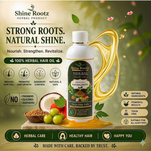 A bottle of Shine Rootz Herbal Hair Oil is shown in a promotional graphic with a golden liquid splash, green leaves, and fruit. The background is a soft green gradient with text highlighting benefits like hair fall reduction and natural shine.