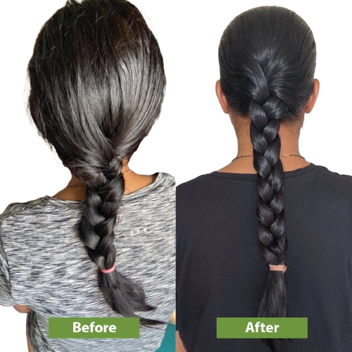 Before and after comparison of a person with braided hair on a white background